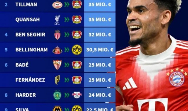 德甲今夏引援榜：迪亚斯7000万断崖领跑，蒂尔曼&amp;amp;宽萨领衔药厂5将